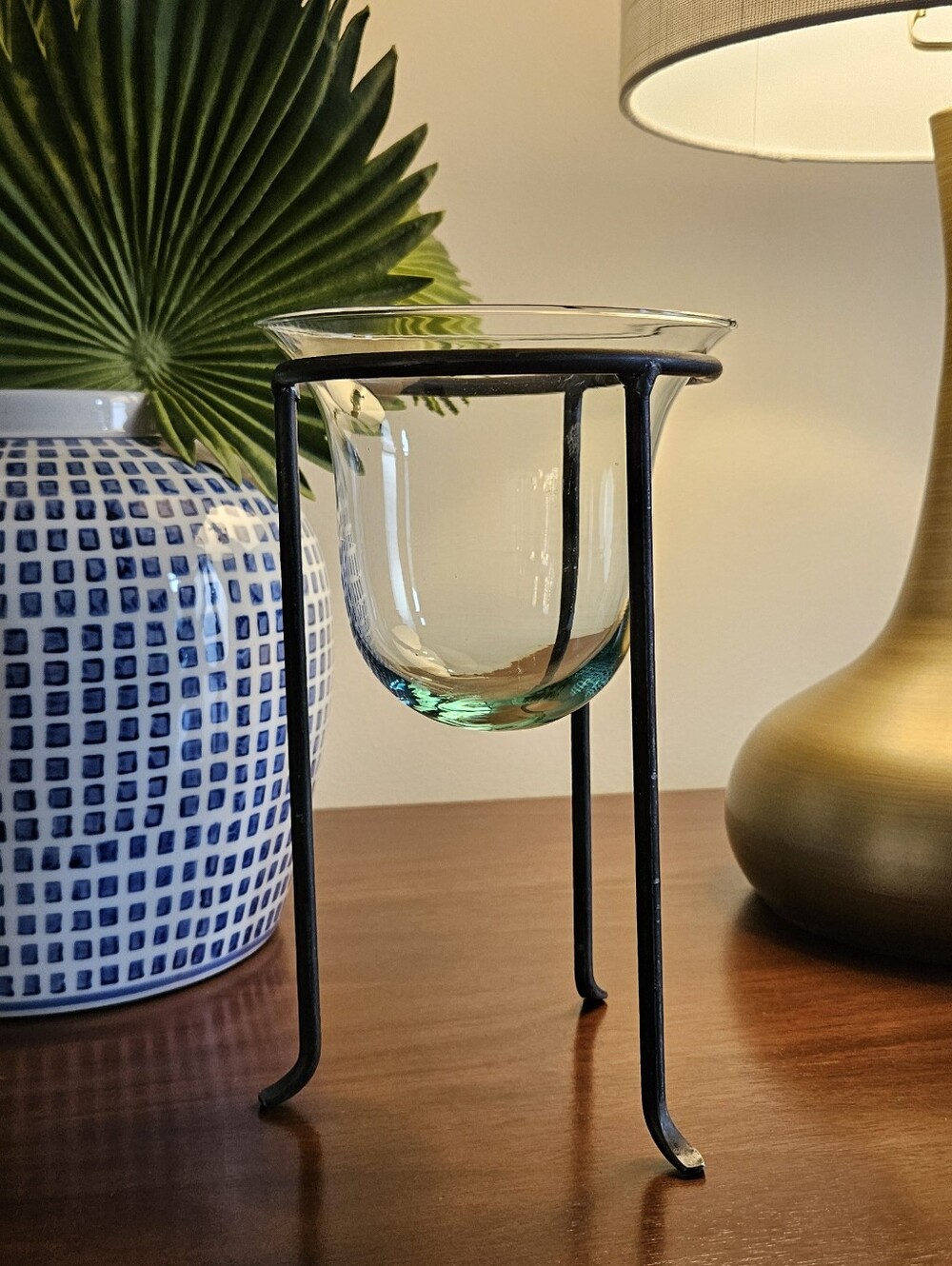 Vintage Wrought Iron & Blown Glass Hurricane Candle Holder Planter